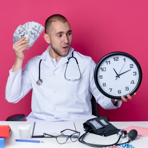 A surprised doctor in a white coat holds a clock and fan of dollar bills, sitting at a desk with medical tools against a pink background.
