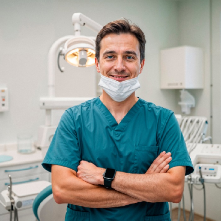 Dentist in teal scrubs stands smiling with arms crossed in a modern dental office. A dental chair and overhead light are visible in the background.